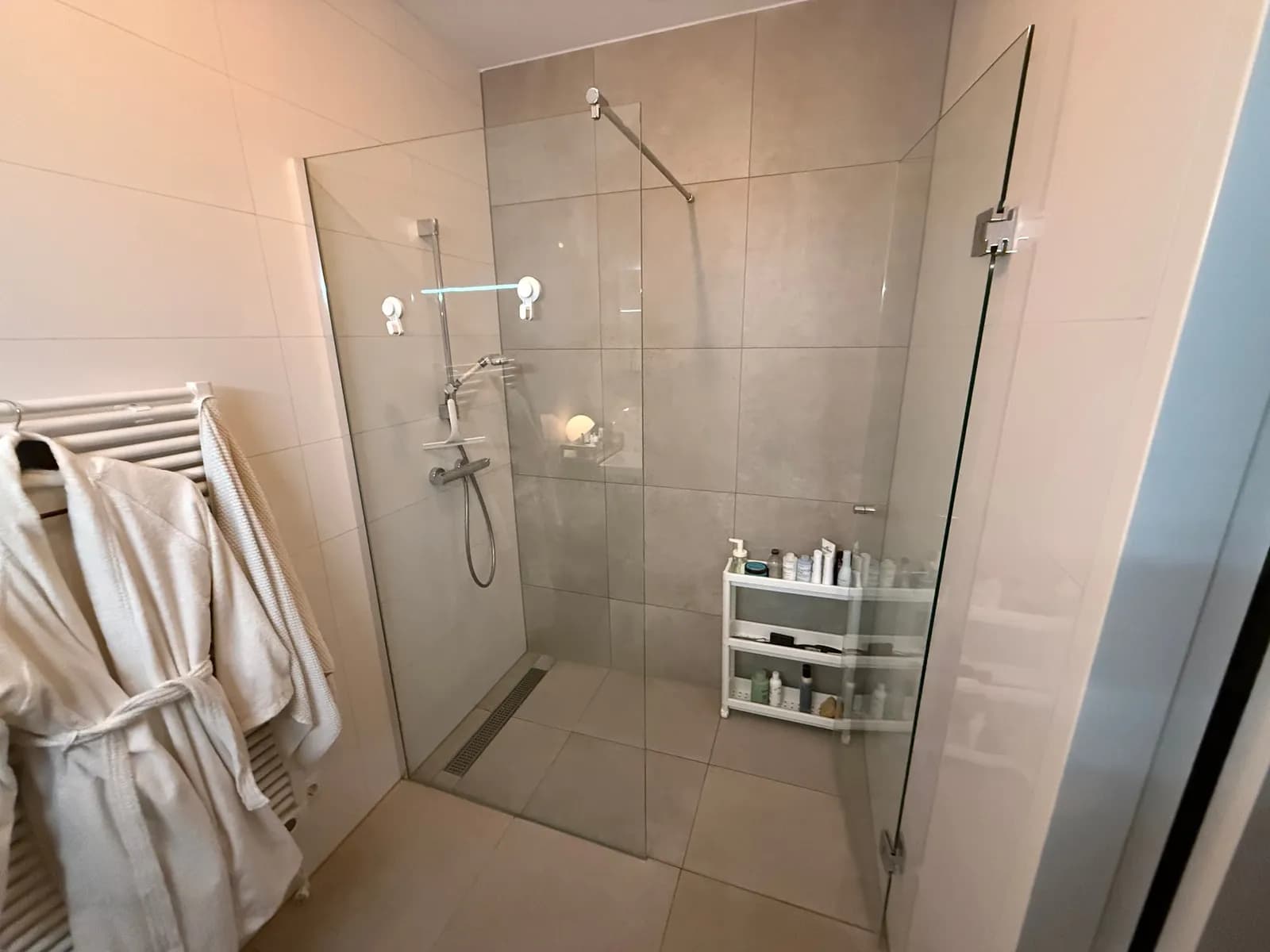 Bathroom as it is: a walk-in shower with a clear glass wall and a chrome bar, grey tiles, a towel radiator with bathrobes and a glass door on the right
